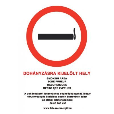 Dohányzásra kijelölt hely - tábla, matrica - 5 nyelvű, kormányrendelet alapján (ÚJ 80-as zöld számmal) A4 méretű