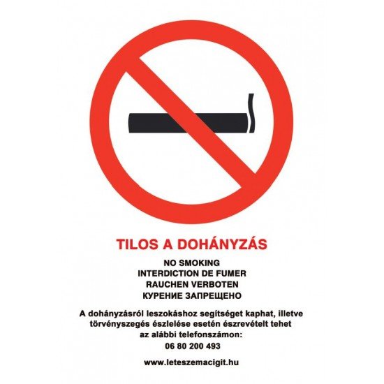 Tilos a dohányzás - tábla, matrica - 5 nyelvű, kormányrendelet alapján (ÚJ 80-as zöld számmal) A4 méretű